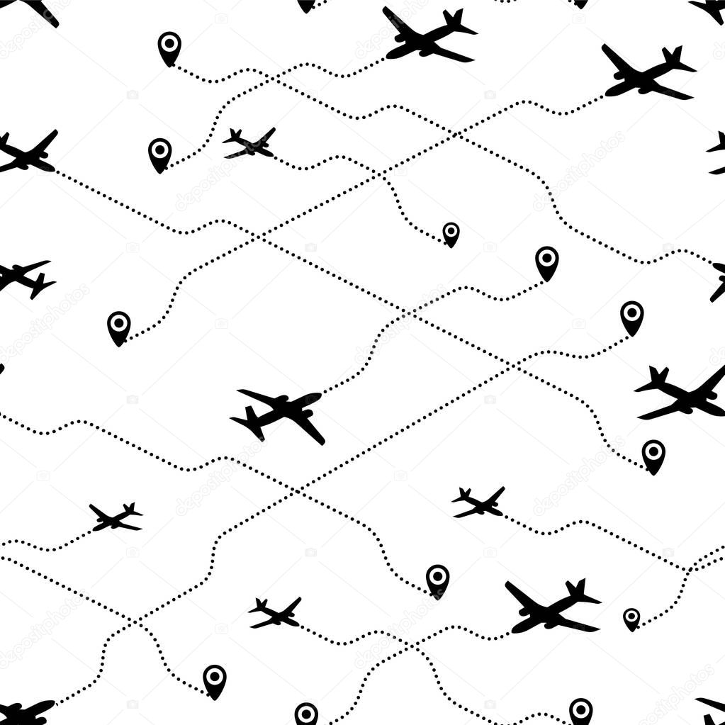 Seamless pattern travel concept. Airplane routes abstract for your design. Travel and tourism seamless background with dotted airplane routes. Vector illustration. Isolated on blue background