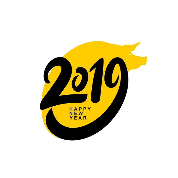 Feliz Año Nuevo 2019 Diseño Tarjetas Con Cara Cerdo Amarillo — Vector de stock