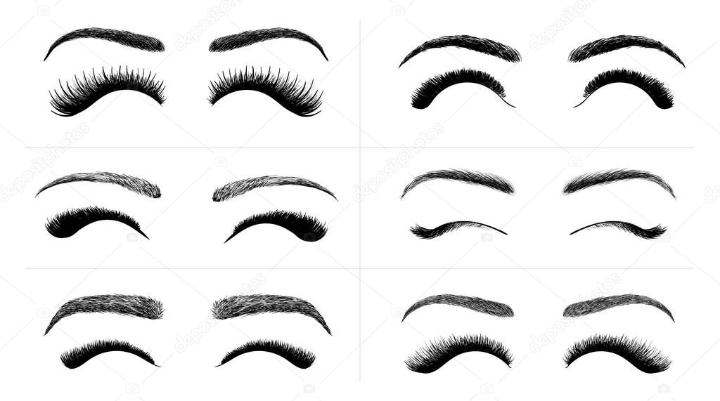 Set of Black False eyelashes and eyebrows. Woman beauty product. False lashes realistic. Hand drawn female eyelashes. Vector illustration. Isolated on white background