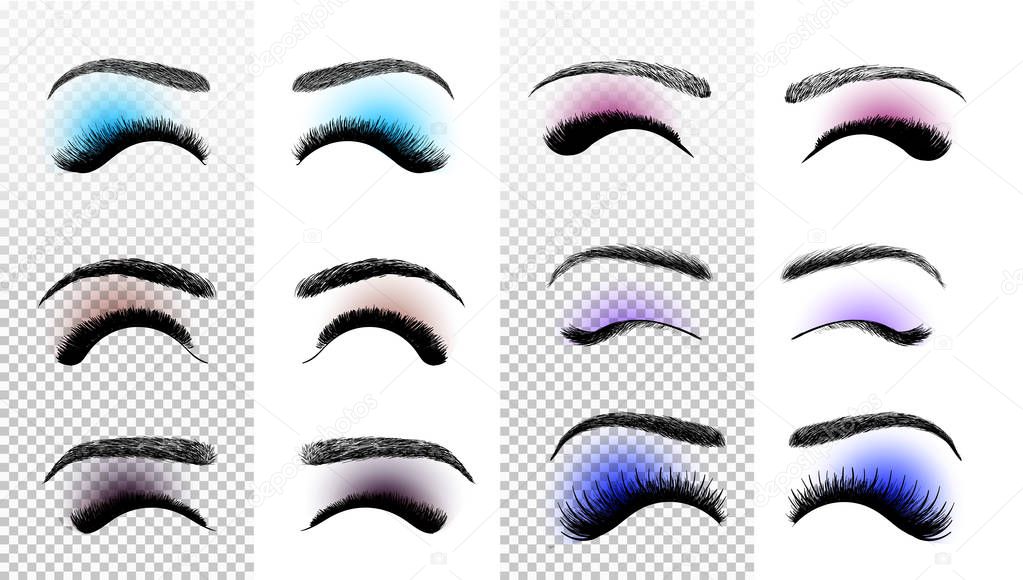 Set of colorful False eyelashes and eyebrows. Woman beauty product. False lashes realistic. Hand drawn female eyelashes. Vector illustration. Isolated on white background