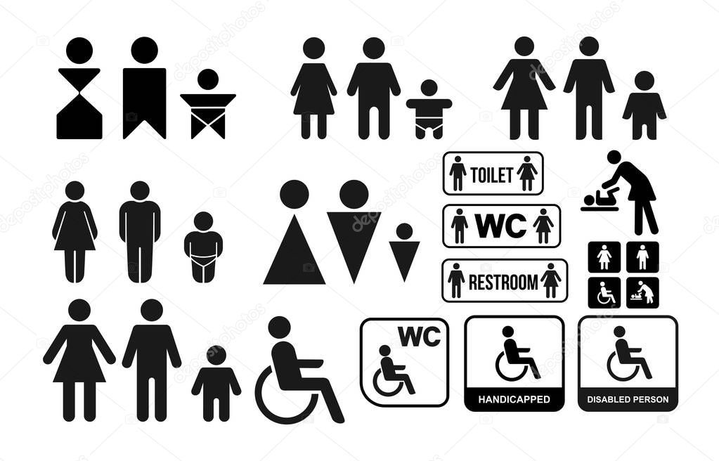 Set of WC sign for restroom. Toilet door plate icons. Men and women symbols. Vector illustration. Isolated on white background