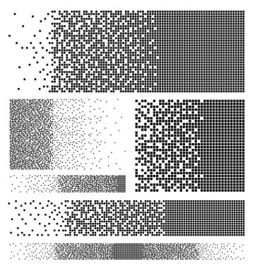 Dağılma efekti ile çözünmüş dolgulu kare noktalı vektör simge kümesi. Vektör çizim dikdörtgeni öğeleri kaybolan dolgulu kare forma gruplandırılır. Beyaz arka plan üzerinde izole