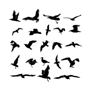 Deniz martı, siyah siluet uçan seabird kümesi. Serbest el çiziminin. Serbest uçuş Grup simgesi çizim. Özgürlük baskı sanat. Vektör çizim deniz kuşlar akın. Beyaz arka plan üzerinde izole