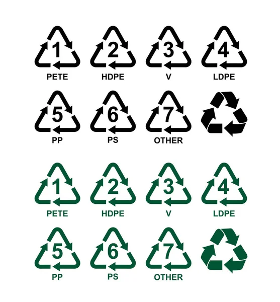 Conjunto Símbolos Reciclaje Plástico Signos Vectoriales Verdes Negros Aislado Sobre — Archivo Imágenes Vectoriales