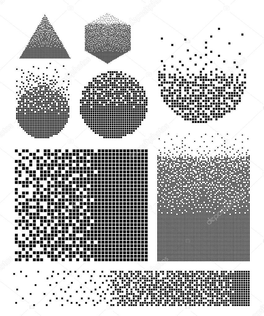 Set of dissolved filled square dotted vector icon with disintegration effect. Vector illustration geometric figures items are grouped into disappearing filled square form. Isolated on white background
