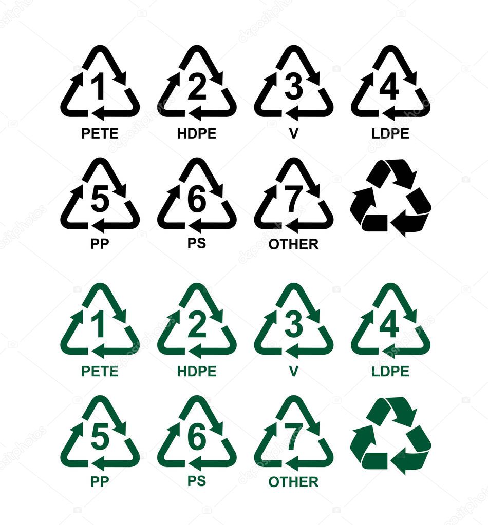 Set of recycling symbols for plastic. Green and black vector signs. Isolated on white background