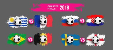 Gerçekçi futbol topu Uruguay – Fransa bayrağını ayarla, Brezilya, Belçika, Rusya, Hırvatistan, İsveç, İngiltere'de fırça darbeleri yaptı. Tasarım öğesi. Vektör çizim. Gri arka plan üzerinde izole