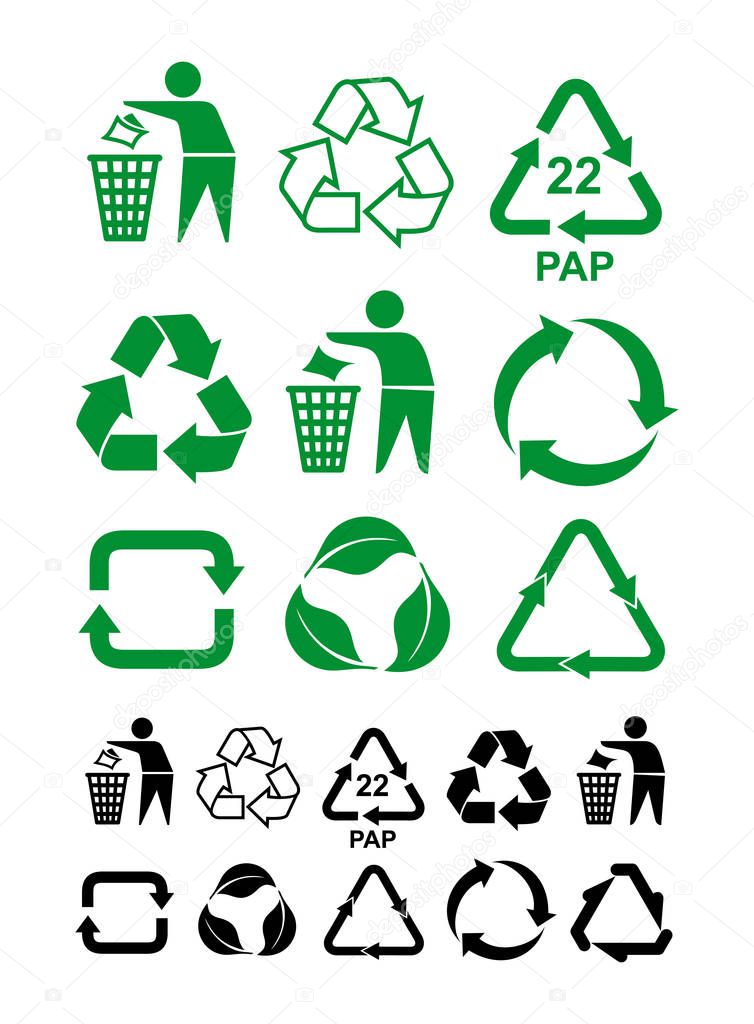 Set of universal recycling green and black symbol. International symbol used on packaging to remind dispose of it in a bin instead of littering. Vector illustration. Isolated on white background
