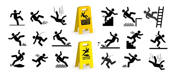 Conjunto Símbolos Precaución Con Palo Figura Hombre Cayendo Cayendo Por — Archivo Imágenes Vectoriales