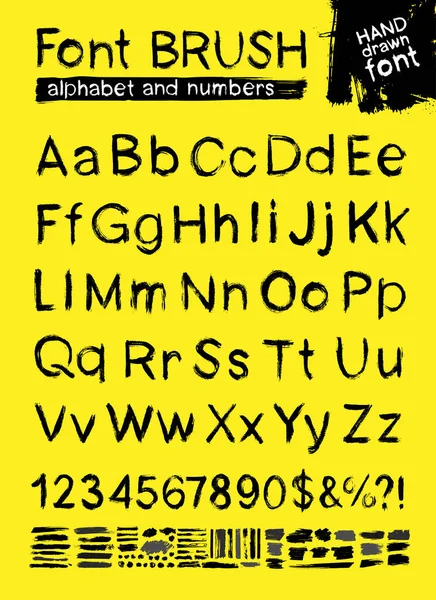 绘制现代 Abc 字体矢量画笔笔触 字母和数字污渍油漆 喷雾和水彩 肮脏的艺术设计元素 手绘画 在黄色背景上隔离 — 图库矢量图片