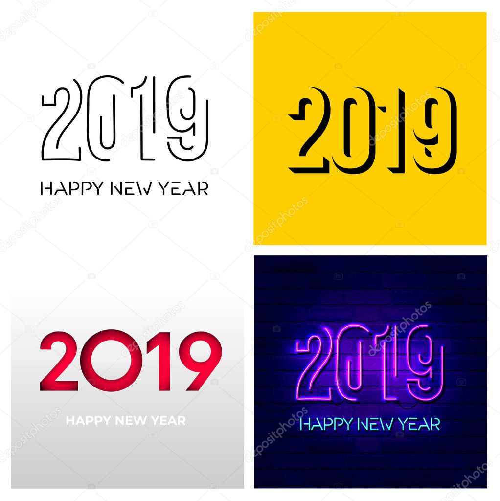 Set of 2019 text design pattern. Vector illustration. Happy New Year. Isolated on white background