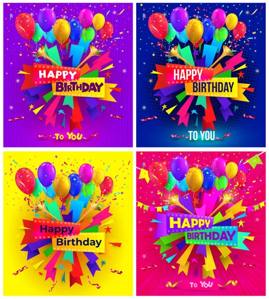 Zestaw Happy Birthday Projektowania Typografii Powitanie Plakat Karty Balonu Konfetti — Wektor stockowy