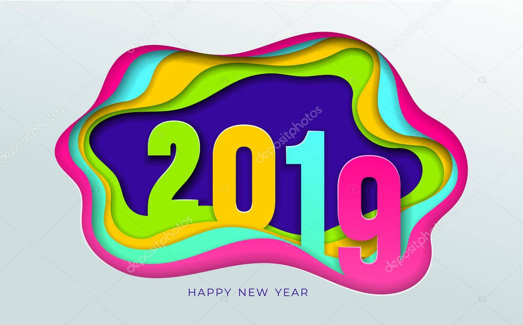 2019 number text design typography pattern. Paper art and digital craft style. Happy new year and winter season. Text Vector illustration. Isolated on white background
