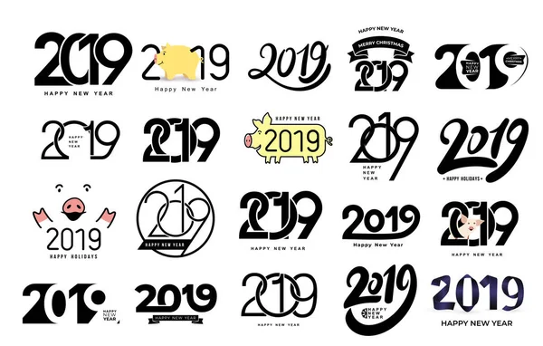 Big Set 2019 Patrón Diseño Texto Colección Feliz Año Nuevo — Vector de stock