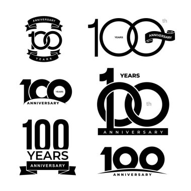 100 yıl yıldönümü simge kümesi. 100-inci yıldönümü kutlama logosunu görmeniz gerekir. Doğum günü, davet, düğün jubilee, kartpostal tasarım öğeleri. Vektör çizim. Beyaz arka plan üzerinde izole.