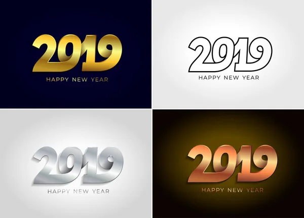 Feliz Año Nuevo 2019 Patrón Diseño Texto Oro Plata Bronce — Vector de stock