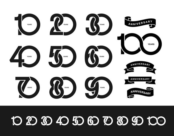 Набор значков юбилея пиктограммы. Плоский дизайн. 10, 20, 30, 40, 50, 60, 70, 80, 90, 100 лет логотип этикетки, черно-белый штамп. Векторная иллюстрация. Изолированный на белом фоне
.
