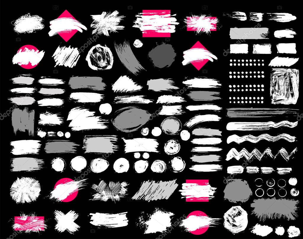 Giant Set of Black brush strokes. Paint, ink, brushes, lines, grunge. Dirty artistic design elements, frames, boxes. Freehand drawing. Vector illustration. Isolated on black background.