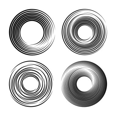 Çemberler ayarla, eş merkezli halkalardan renkleri siyah. Soyut radyal grafik. Vektör çizim. Beyaz arka plan üzerinde izole.