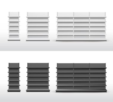 Boş mağaza raf kümesi. Soyut kavram grafik vitrin görüntü öğesi. Siyah ve beyaz süpermarket ürün boş mockup reklam. Vektör çizim. Beyaz arka plan üzerinde izole.