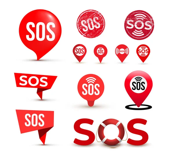 Set Sos Marker Sign Icon Label Vector Illustration Isolated White — Stock Vector