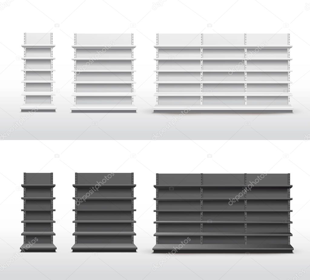 Set of Empty store shelves. Abstract concept graphic showcase display element. Black and white supermarket product advertising blank mockup. Vector illustration. Isolated on white background.