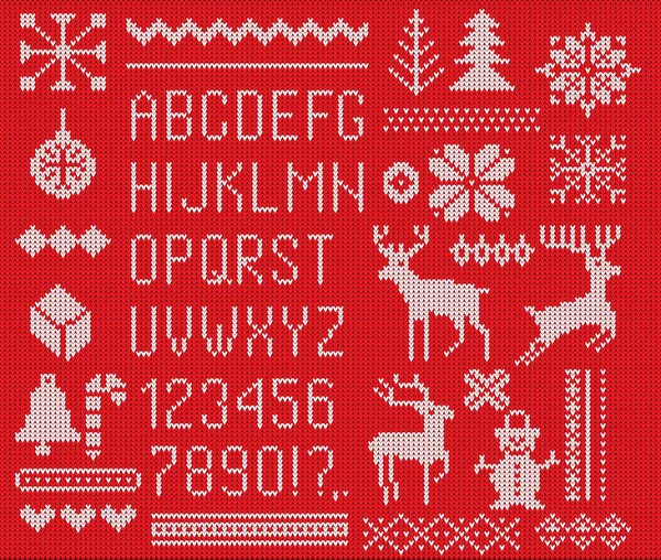 Set Knitted Font Elements Borders Christmas New Year Winter Design — Stock Vector
