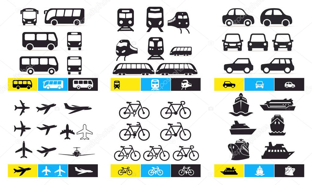 Set of Simple monochromatic vehicle and transport related icons. Bus, train, avto, airplane, bicycle, ship, ferry. For your design or application. Vector illustration. Isolated on white background.