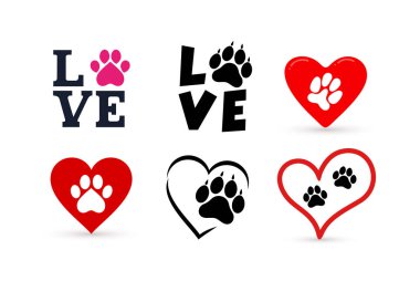 Sevgisi ile evde beslenen hayvan ayak izi ayarlayın. Komik logo söyleyerek. Scrapbooking, posterler, tekstil, hediyeler, t shirt tasarım. Vektör çizim. Beyaz arka plan üzerinde izole.