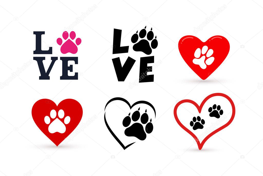 Set of Love with pet footprint. Funny logo saying. Design for scrapbooking, posters, textiles, gifts, t shirts. Vector illustration. Isolated on white background.