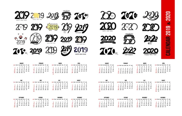 2019年和2020年日历模板集 日历徽标设计为黑色和白色 假日为红色 向量例证 隔离在白色背景上 — 图库矢量图片