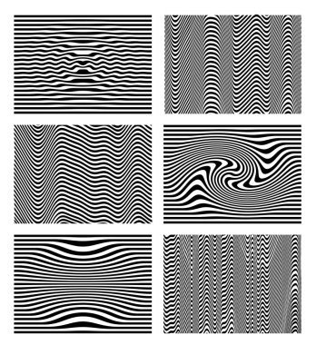 Siyah ve beyaz dalga şerit optik soyut kümesi. Arka plan tasarım. Eğri çizgiler. Vektör çizim. Beyaz arka plan üzerinde izole.