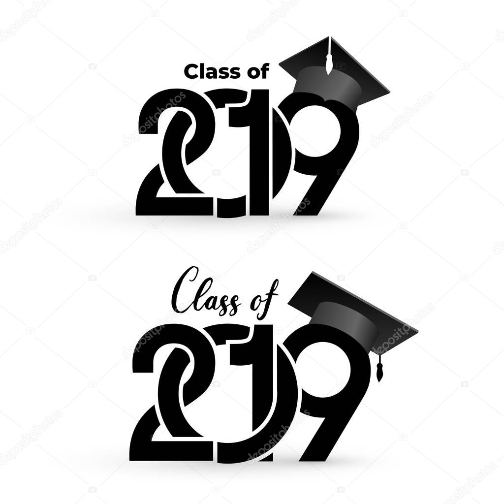 Class of 2019 with graduation cap. Text design pattern. Vector illustration. Isolated on white background