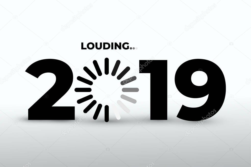 Doodle with 2019 loading. New year download screen. Progress bar almost reaching new years eve. Vector illustration. Isolated on white background.