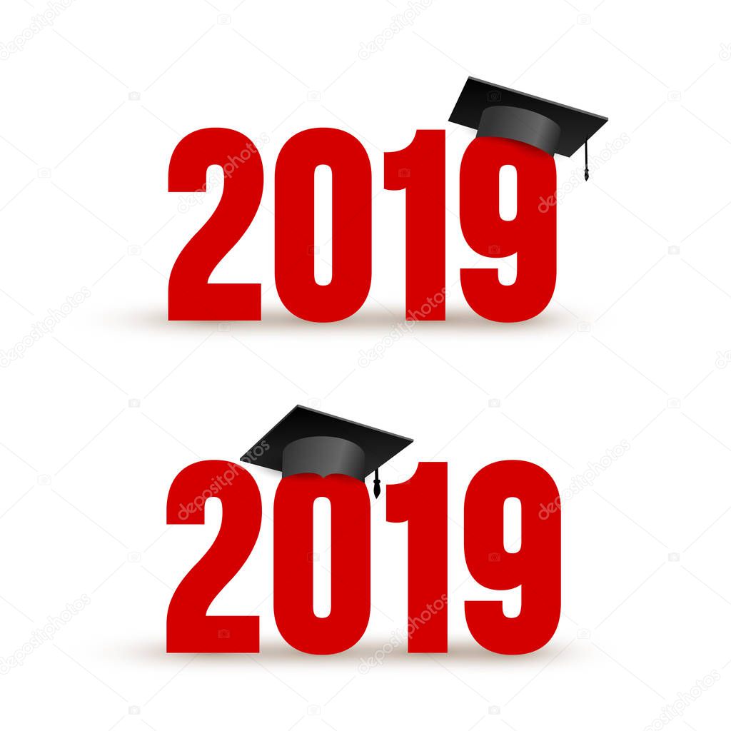 Set of Class of 2019 with Graduation Cap. Vector illustration. Isolated on white background.