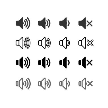 Artırır ve ses azaltır bir simge kümesi. Sessiz gösteren simgesi. Ses kutsal kişilerin resmi ile farklı sinyal seviyeleri düz bir tasarım. Vektör çizim. Beyaz arka plan üzerinde izole.