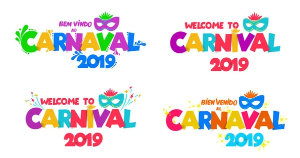 Sada Vítejte Karneval 2019 Ručně Psané Logo Karneval Maskami Večírek — Stockový vektor