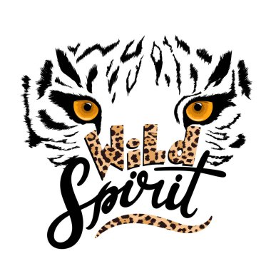 Vahşi ruh leopar sloganı. Sarı gözlü bir leopar. Vektör çizim. Beyaz arka plan üzerinde izole.