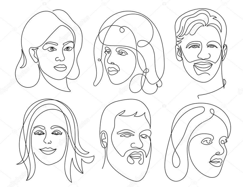 Set of abstract face one line drawing. Portrait Man and woman minimalist style. Vector illustration. Isolated on white background.