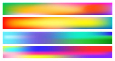 Panoramik pürüzsüz ve bulanık renkli gradyan arka planı kümesi. Bir bardak için yatay görünüm Skinali panelleri. Parlak gökkuşağı renkleri. Vektör. Resimde. Beyaz arka plan üzerinde izole.