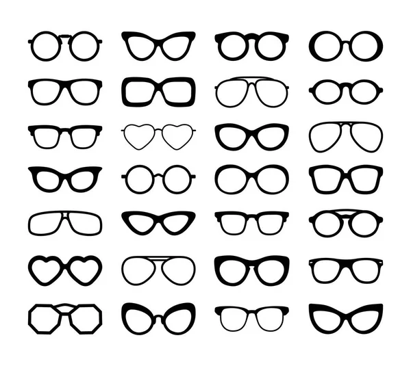 Set de Siluetas Negras de Gafas Diferentes. Diseño plano. Ilustración vectorial. Aislado sobre fondo blanco. — Vector de stock