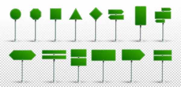 Conjunto de señales de tráfico verde. Panel de texto del tablero de carreteras, señalización de burla Dirección Autopista Ciudad Señalización Ubicación Calle Arrow Way. Vector. Ilustración. Aislado sobre fondo transparente . — Vector de stock