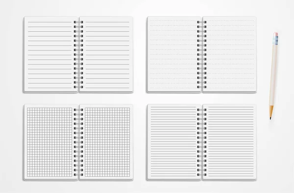 Set van realistische lijn Notebooks. Lege gewatteerde dagboek schetsboek met stippen en lijnen voor het schrijven en schilderen van lege sjablonen. Vectorillustratie. Geïsoleerd op witte achtergrond. — Stockvector