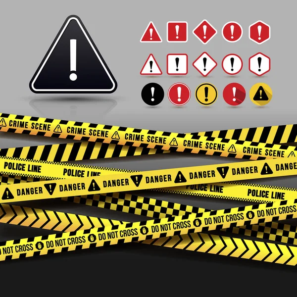 Yellow And Black Caution Tape, Seamless Borders. Set of Danger Warning Icon. Flat Design. Vector Illustration. Isolated On Gray Background. — Stock Vector
