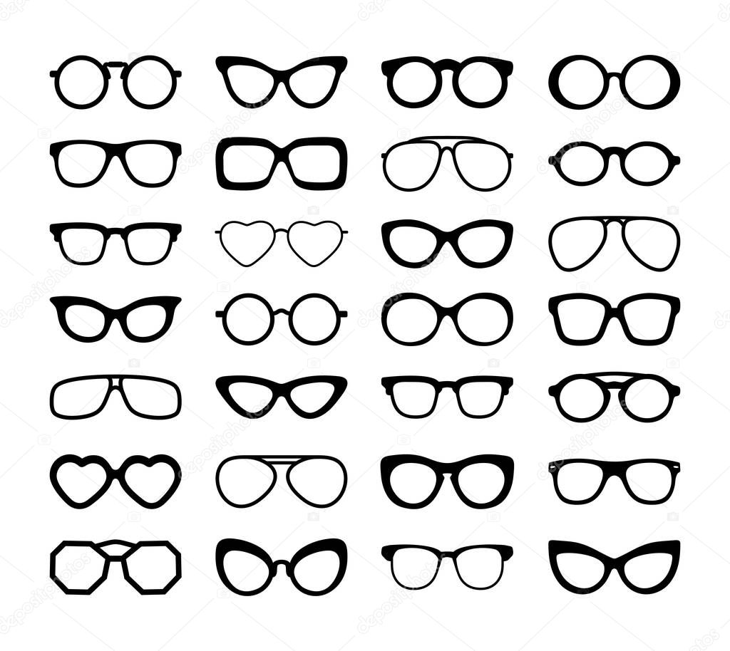 Set Of Black Silhouettes Of Different Eyeglasses. Flat Design. Vector Illustration. Isolated On White Background.