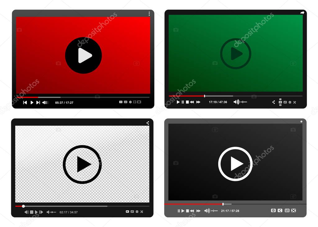 Set Of Modern Video Player. Black, Red, Green Design Template For Web And Mobile Apps Flat Style. Vector Illustration. Isolated On White Background.