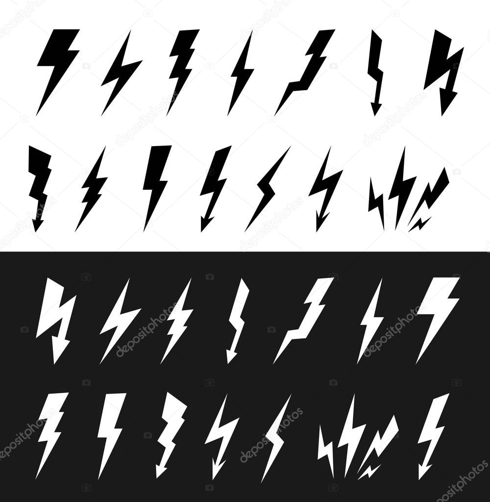 Set Of Thunderbolt And High Voltage Black Icons For Design. Vector Illustration. Isolated On White Background.
