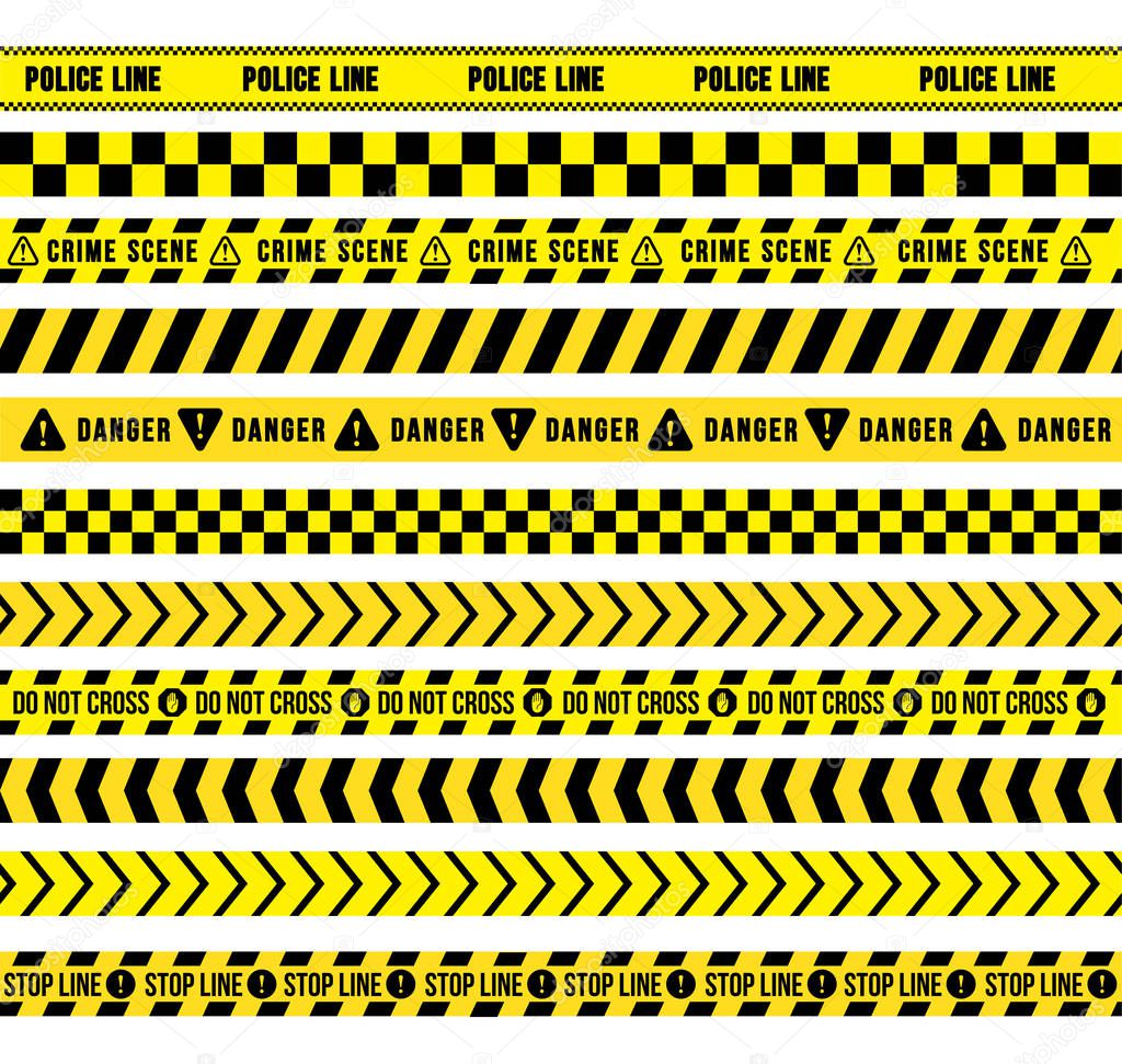 Yellow and black caution tape, seamless borders. Flat Design. Vector Illustration. Isolated On White Background