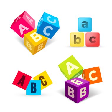 Renk Abc blokları düz simgesi ayarlayın. Düz tasarımda A,B,C harfli alfabe küpleri. Vektör illüstrasyon. Beyaz arka planda yalıtılmış.