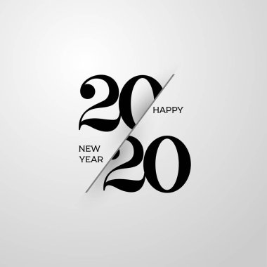 2020 Happy New Year tebrik kartı. Logo numaraları siyah 2020 ve metin ışık arka plan üzerinde. Vektör İllüstrasyon. Beyaz arka planda yalıtılmış.
